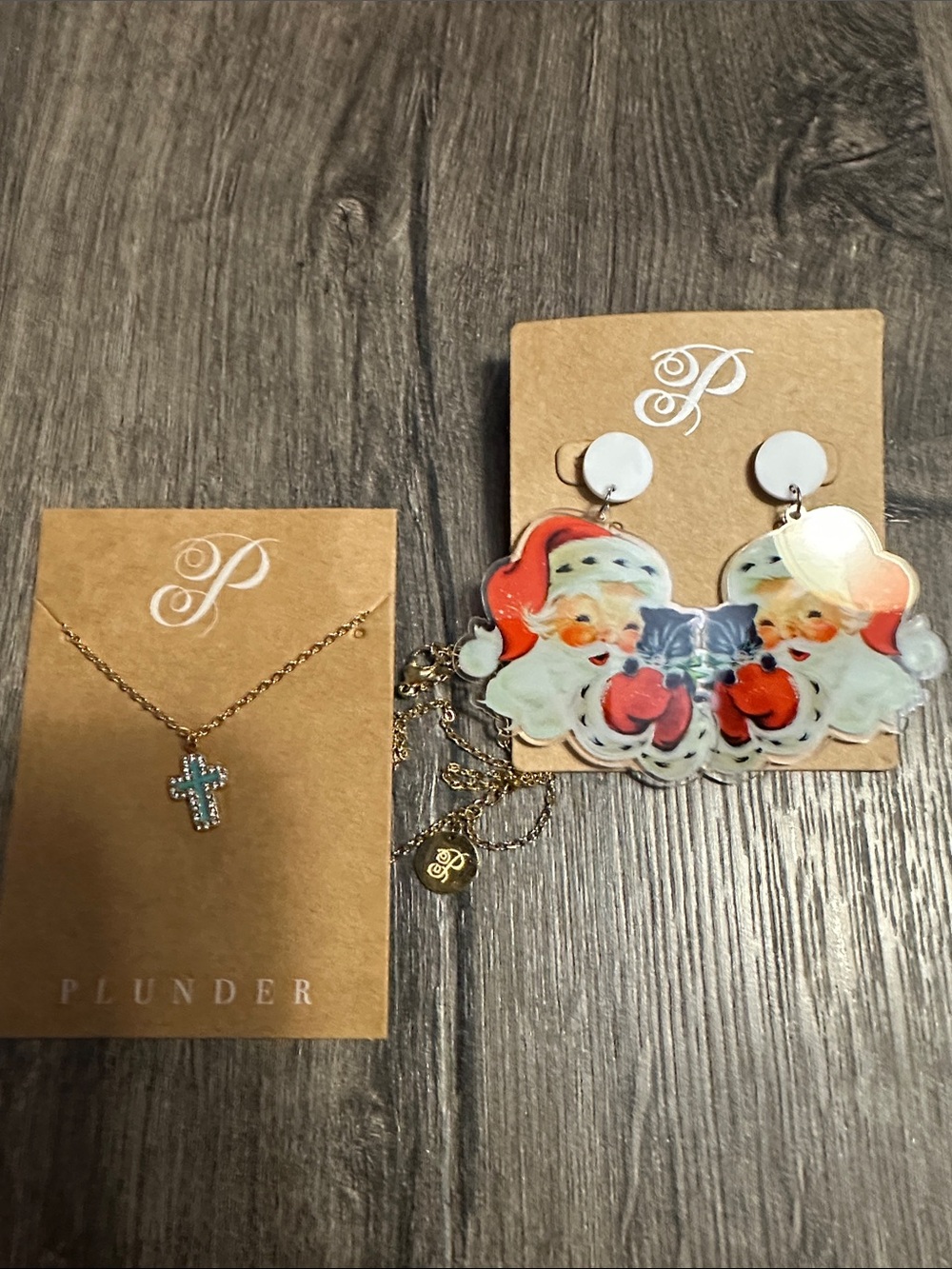 Plunder Kids Gold Cross Necklace with Red, White & Blue Santa Earrings